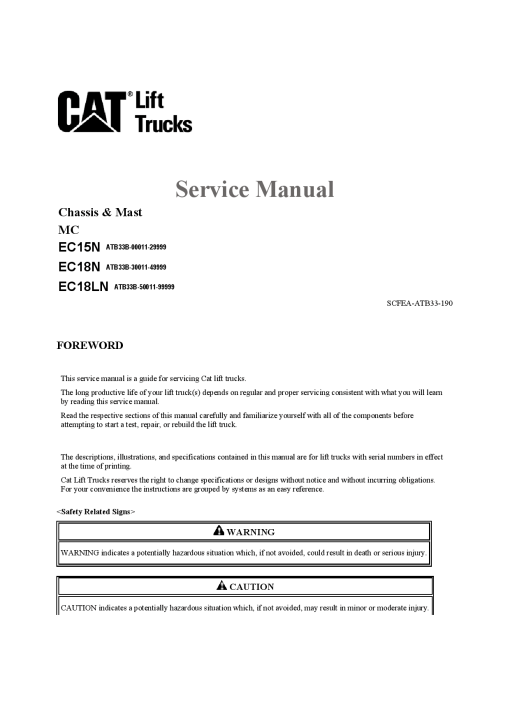 Caterpillar EC15N EC18N EC18LN Electric Sit Down Riders Forklift Repair Service Workshop Manual PDF Download