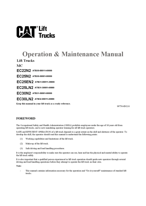 Caterpillar EC25EN2, EC-22 25-N2, EC-25 30-LN2 Electric Sit Down Riders Forklift Operation Maintenance Manual PDF Download