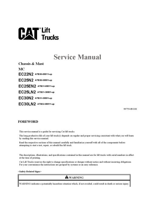 Caterpillar EC25EN2, EC-22 25-N2, EC-25 30-LN2 Electric Sit Down Riders Forklift Repair Service Workshop Manual PDF Download
