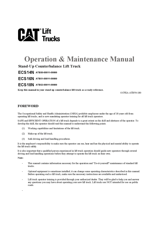 Caterpillar ECS14N, ECS16N, ECS18N Standup End Control Forklift Operation Maintenance Manual PDF Download
