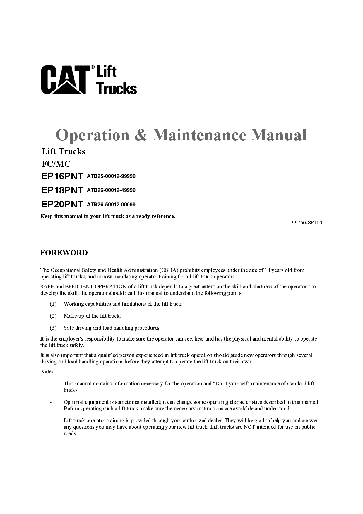 Caterpillar EP16PNT EP18PNT EP20PNT Electric Sit Down Riders Forklift Operation Maintenance Manual PDF Download