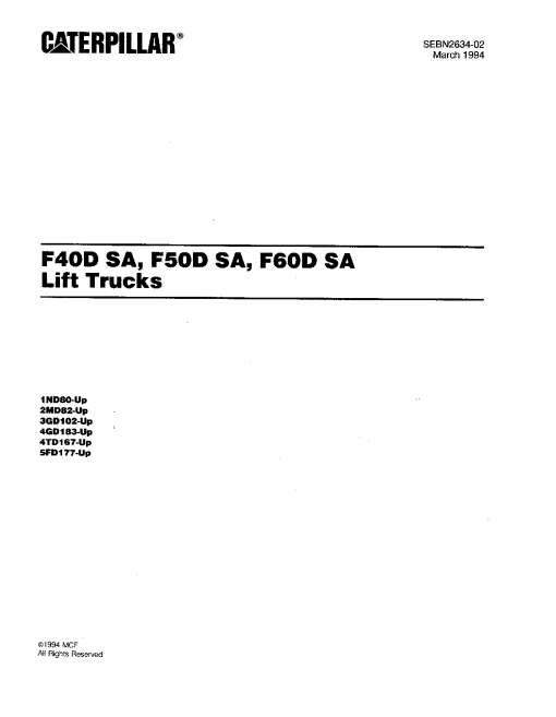 Caterpillar F- 40D 50D 60D -SA Sit Down Riders serial 1ND80 2MD82 4GD183 4TD167 5FD177 Forklift Parts Catalog Manual PDF Download