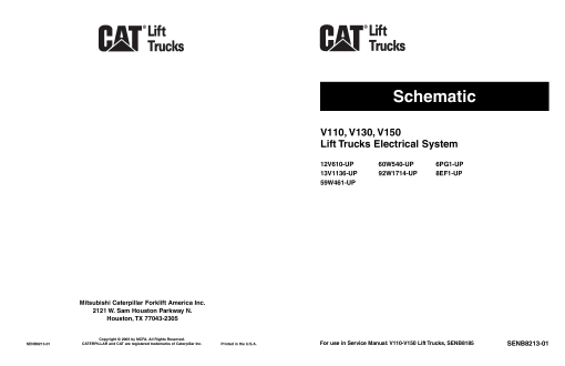 Caterpillar Forklift V110, V130, V150 Schematic, Lubrication & Maintenance Data PDF Download