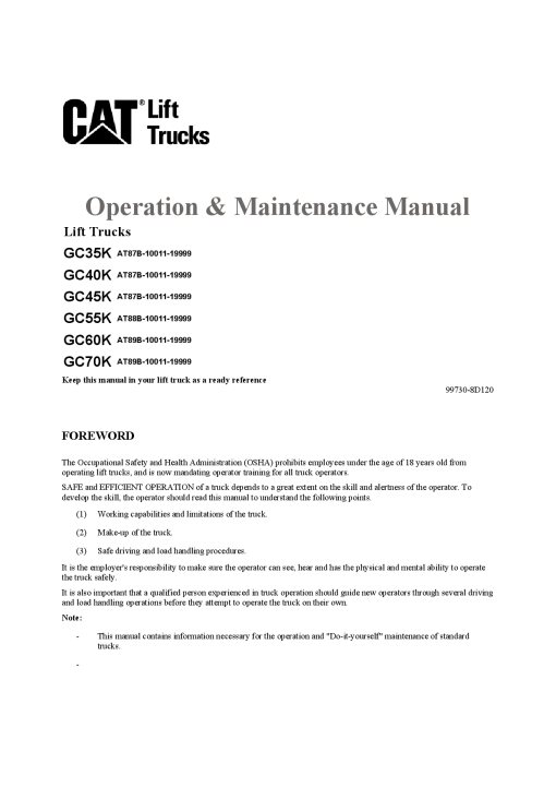 Caterpillar GC- 35 40 45 55 60 70-K CushionTire Forklift Operation Maintenance Manual PDF Download