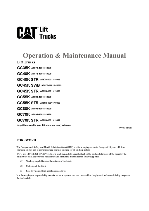 Caterpillar GC- 40K 45K 70K -STR CushionTire Forklift Operation Maintenance Manual PDF Download