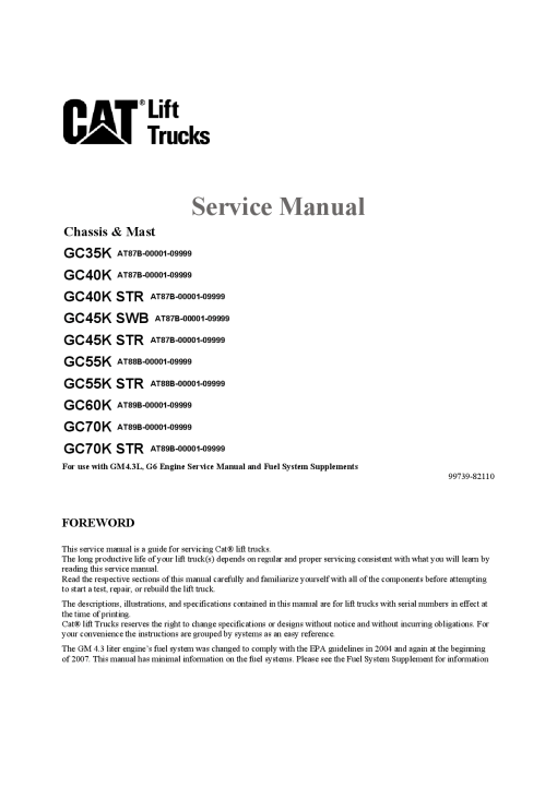 Caterpillar GC- 40K 45K 70K -STR CushionTire Forklift Repair Service Workshop Manual PDF Download