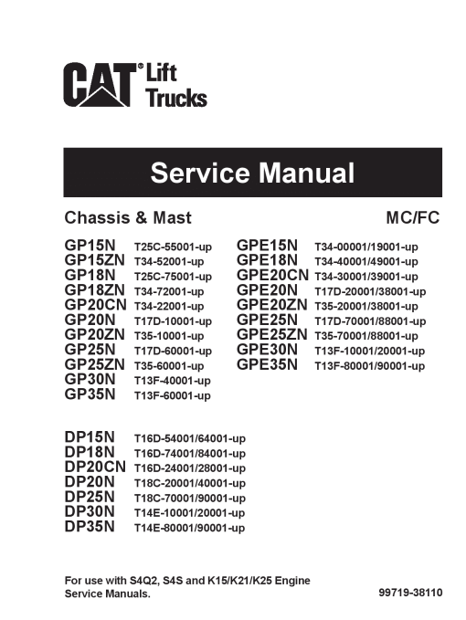 Caterpillar GPE20CN, GP-20 25-ZN, GPE- 15 18 20 25 30 35-N Small Pneumatic 1-5 ton Forklift Repair Service Workshop Manual PDF Download