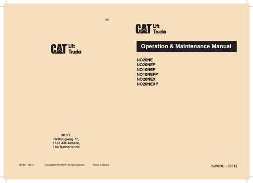 Caterpillar NO10NEF(P), NO20NE(P), NO20NEX(P) Order Picker Forklift Operation Maintenance Manual PDF Download