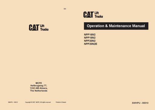 Caterpillar NPP16N2, NPP18N2, NPP20N2, NPP20N2E Pallet Truck Forklift Operation Maintenance Manual PDF Download