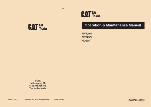 Caterpillar NPV20N, NPV25NH, N020NT Pallet Truck Forklift Operation Maintenance Manual PDF Download