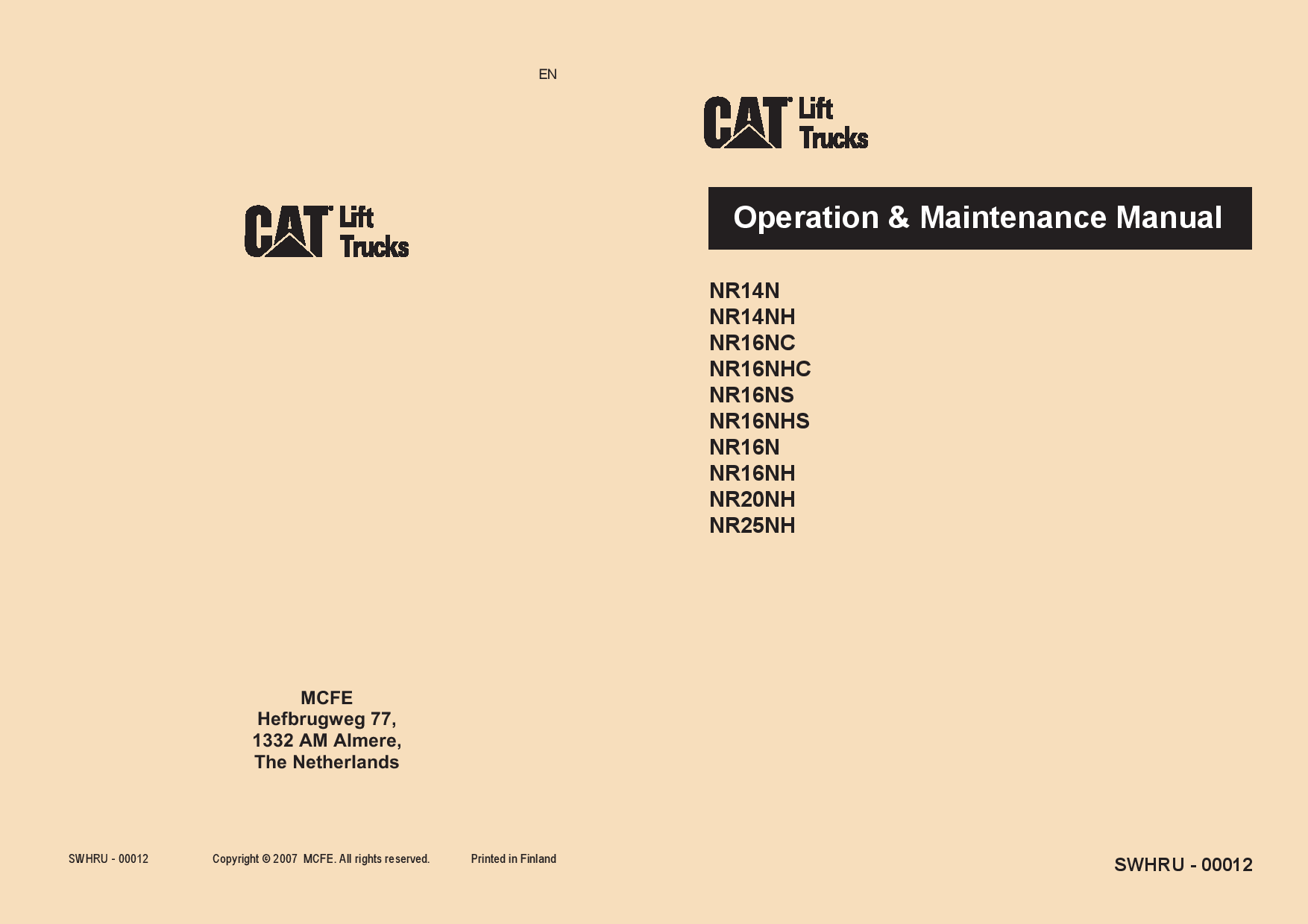 Caterpillar NR16N(C), NR16NHC, NR16N(H)S Reach Truck Forklift Operation Maintenance Manual PDF Download