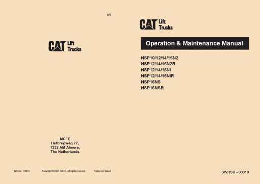 Caterpillar NSP- 12 14 16- N2R, NSP 12 14 16 -NI, NSP- 12 14 16 -NIR Tow Tractor Forklift Operation Maintenance Manual PDF Download