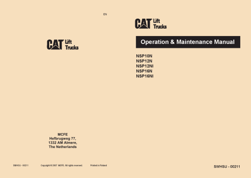 Caterpillar NSP10N, NSP-12 16 -N, NSP-12 16-NI Stacker Truck Forklift Operation Maintenance Manual PDF Download