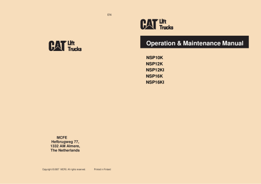 Caterpillar NSP12KI, NSP16KI, NSP- 10K, 12K, 16K Stacker Truck Forklift Operation Maintenance Manual PDF Download