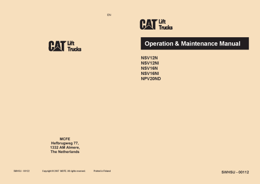 Caterpillar NSV12N, NSV12NI, NSV16N, NSV16NI, NPV20ND Forklift Operation Maintenance Manual PDF Download
