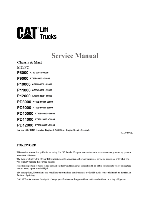 Caterpillar P8000, P9000, P10000, P11000, P12000 Medium Pneumatic 4- 5ton Forklift Repair Service Workshop Manual PDF Download