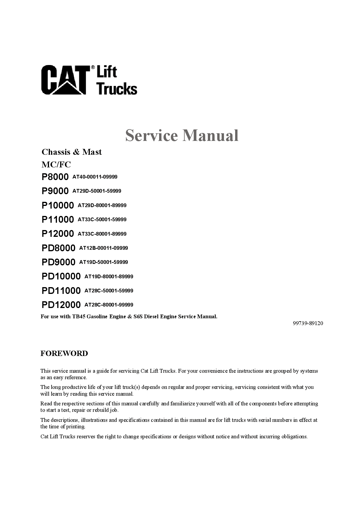 Caterpillar PD8000, PD-9000 10000 11000 12000 Medium Pneumatic 4- 5ton Forklift Repair Service Workshop Manual PDF Download