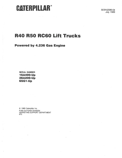 Caterpillar R40, R50, RC60 Medium Pneumatic 4-5ton Serial 16A400 26A200 6SG1-up Forklift Parts Catalog Manual PDF Download