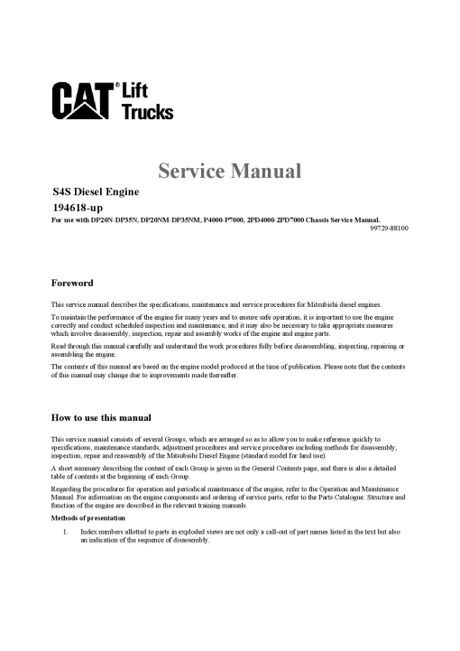 Caterpillar S4S Diesel Engine Serial 194618-up Forklift Repair Service Workshop Manual PDF Download