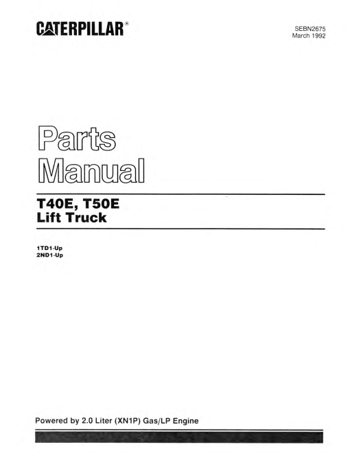 Caterpillar T40E, T50E CushionTire Forklift Parts Catalog Manual PDF Download