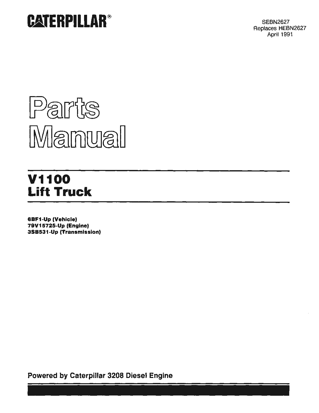 Caterpillar V1100 Extra Large Pneumatic 15-42ton Forklift Parts Catalog Manual PDF Download