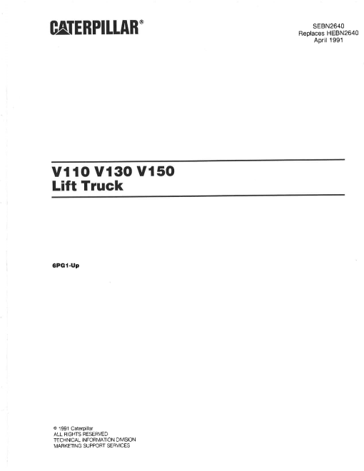 Caterpillar V110,V130, V150 serial 6PG1-up Forklift Parts Catalog Manual PDF Download