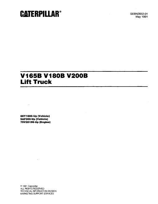 Caterpillar V165B, V180B, V200B Large Pneumatic 6-16ton serial 68Y160-up, 9AF300-up, 79V20198-up Forklift Parts Catalog Manual PDF Download