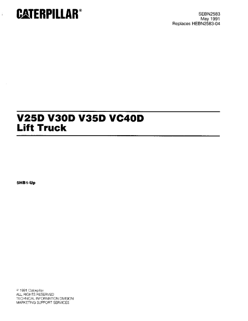 Caterpillar V25D, V30D, V35D, VC40D Serial 5HB1-up Forklift Parts Catalog Manual PDF Download