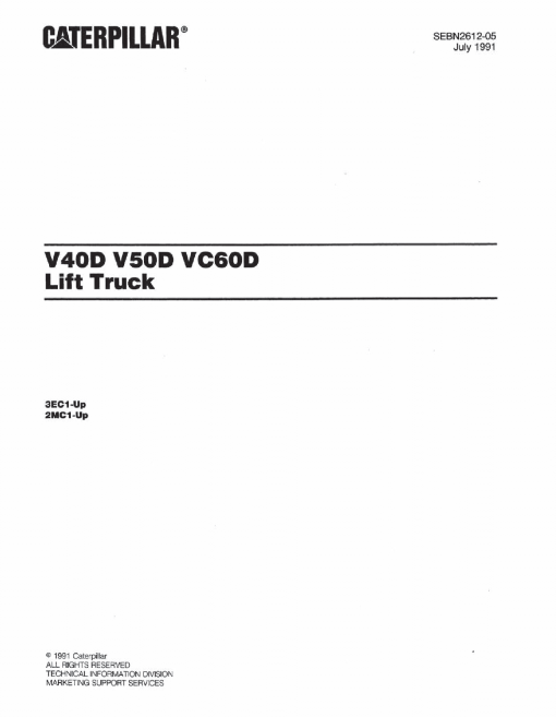 Caterpillar V40D, V50D, VC60D Serial 3EC1-up, 2MC1-up Forklift Parts Catalog Manual PDF Download