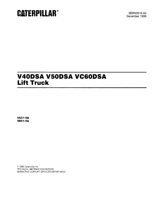 Caterpillar V40DSA, V50DSA, VC60DSA Serial 5AC1-up, 5BC1-up Forklift Parts Catalog Manual PDF Download