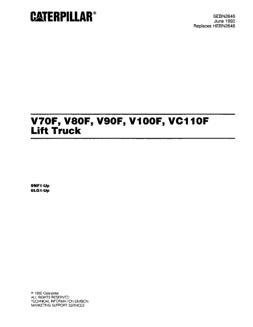 Caterpillar V70F, V80F, V90F, V100F, VC110F Serial 9NF1-up, 6LG1-up Forklift Parts Catalog Manual PDF Download
