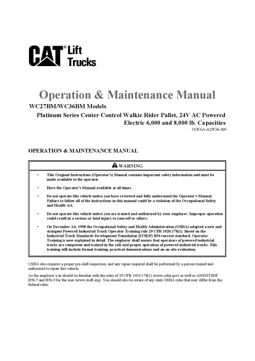 Caterpillar WC27BM WC36BM Custom Forklift Operation Maintenance Manual PDF Download