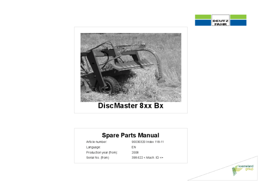 Deutz-Fahr 8xx BX Disc Master Mower 2008 Parts Manual Catalog Pdf Download