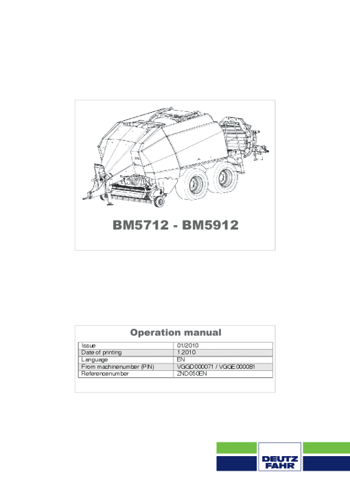 Deutz-Fahr BM 5712 BM 5912 Balers Square Big 2010 Operation Maintenance Manual PDF download