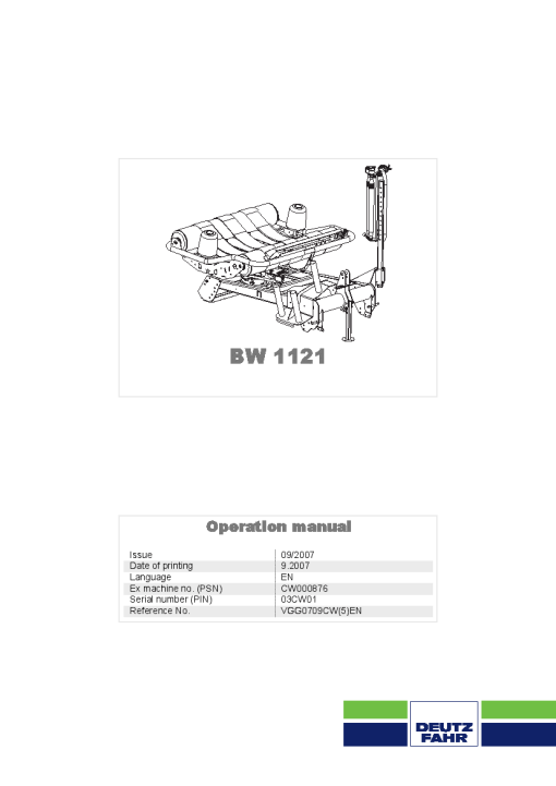 Deutz-Fahr BW1121 Bale wrapper 2007 Operation Maintenance Manual PDF download