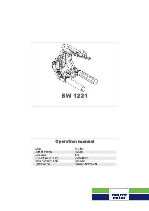 Deutz-Fahr BW1221 Bale wrapper Round wrapper 2008 Operation Maintenance Manual PDF download