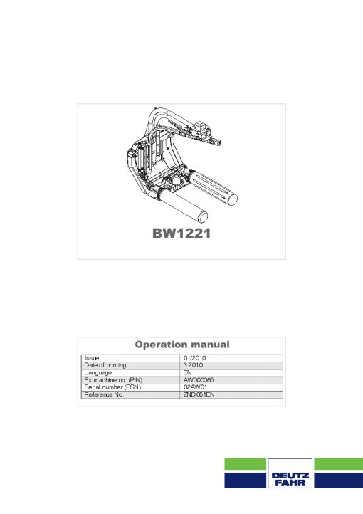 Deutz-Fahr BW1221 Bale wrapper Round wrapper 2009 Operation Maintenance Manual PDF download