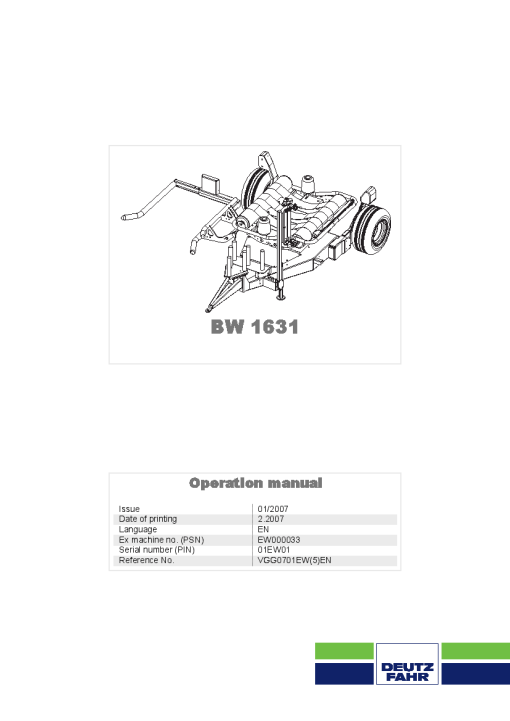Deutz-Fahr BW1631 Bale wrapper 2007 Operation Maintenance Manual PDF download