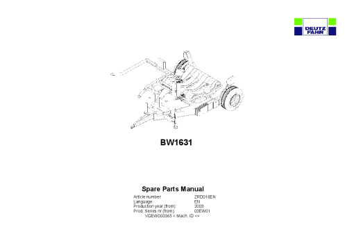 Deutz-Fahr BW1631 Bale wrapper 2009 Parts Manual Catalog Pdf Download