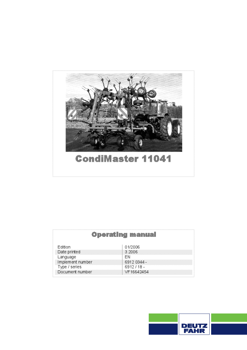 Deutz-Fahr CondiMaster 11041 Tedder 2006 Operation Maintenance Manual PDF download