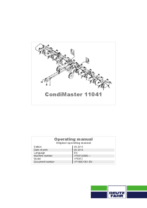 Deutz-Fahr CondiMaster 11041 Tedder 2014 Operation Maintenance Manual PDF download