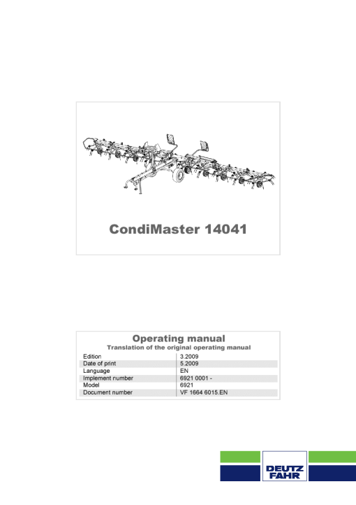 Deutz-Fahr CondiMaster 14041 Tedders 2009 Operation Maintenance Manual PDF download