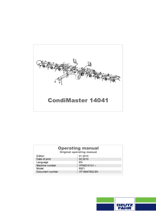 Deutz-Fahr CondiMaster 14041 Tedders 2010 Operation Maintenance Manual PDF download