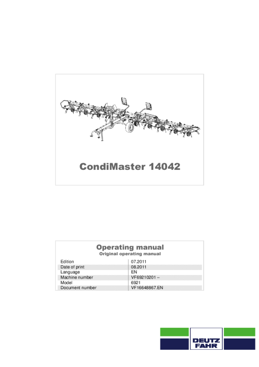 Deutz-Fahr CondiMaster 14042 Tedders 2011 Operation Maintenance Manual PDF download