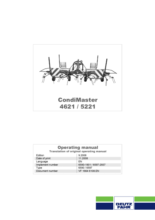 Deutz-Fahr CondiMaster 4621 5221Tedders 2008 Operation Maintenance Manual PDF download