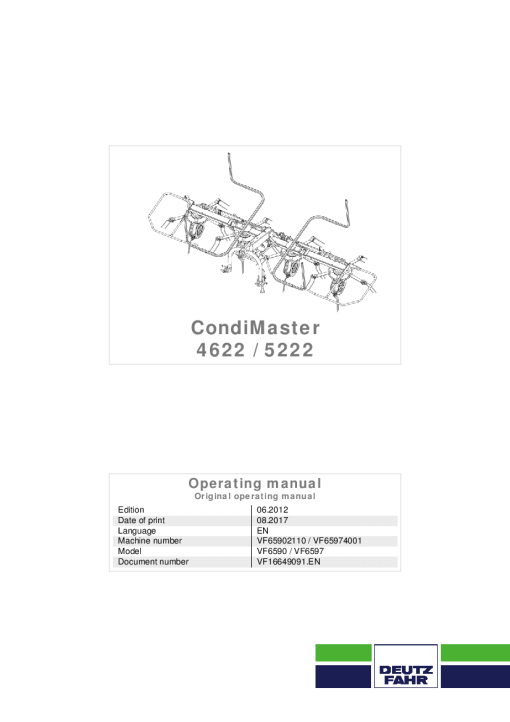 Deutz-Fahr CondiMaster 4622 5222 Tedders 2017 Operation Maintenance Manual PDF download