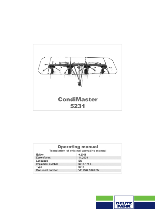 Deutz-Fahr CondiMaster 5231 Tedders 2008 Operation Maintenance Manual PDF download