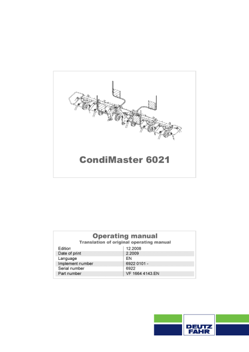 Deutz-Fahr CondiMaster 6021 Tedders 2009 Sn 6922 Operation Maintenance Manual PDF download