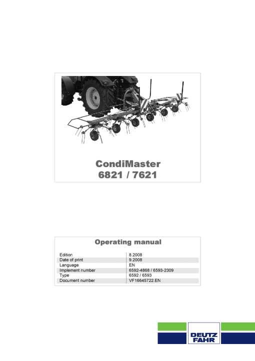 Deutz-Fahr CondiMaster 6821 7621 Rakes 2008 Operation Maintenance Manual PDF download