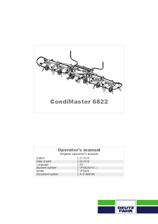 Deutz-Fahr CondiMaster 6822 Tedders 2016 Operation Maintenance Manual PDF download